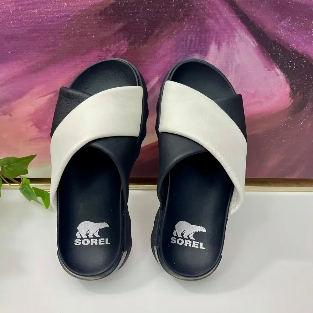 Sorel VIIBE Crisscross Slide Sandal in Black & White Size 6.5